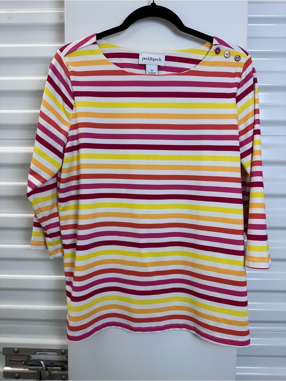 Peck & Peck Striped Boatneck Top in Pink, Orange, Yellow & White